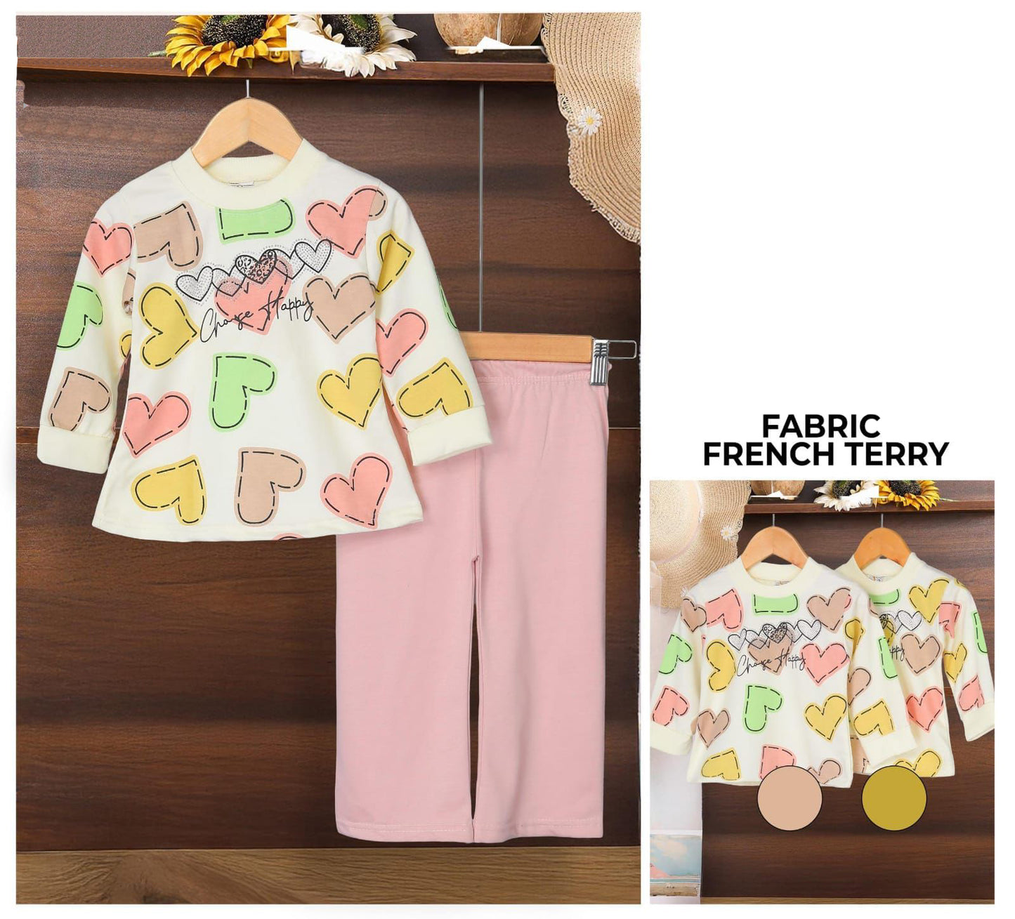 "Choose Happy" Heart Print French Terry Loungewear Set
