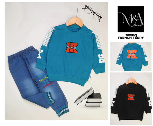 Boys Casual Sweatshirt & Denim Jogger Set – French Terry Fabric
