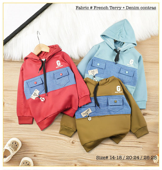 Kids Hoodie with Denim Contrast Pockets – French Terry Fabric